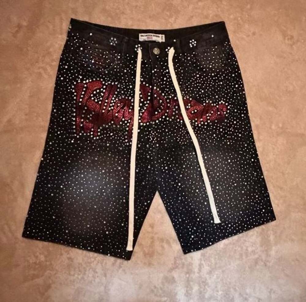 Vale Sports Division Rhinestone Iced Out Jorts Jean Shorts